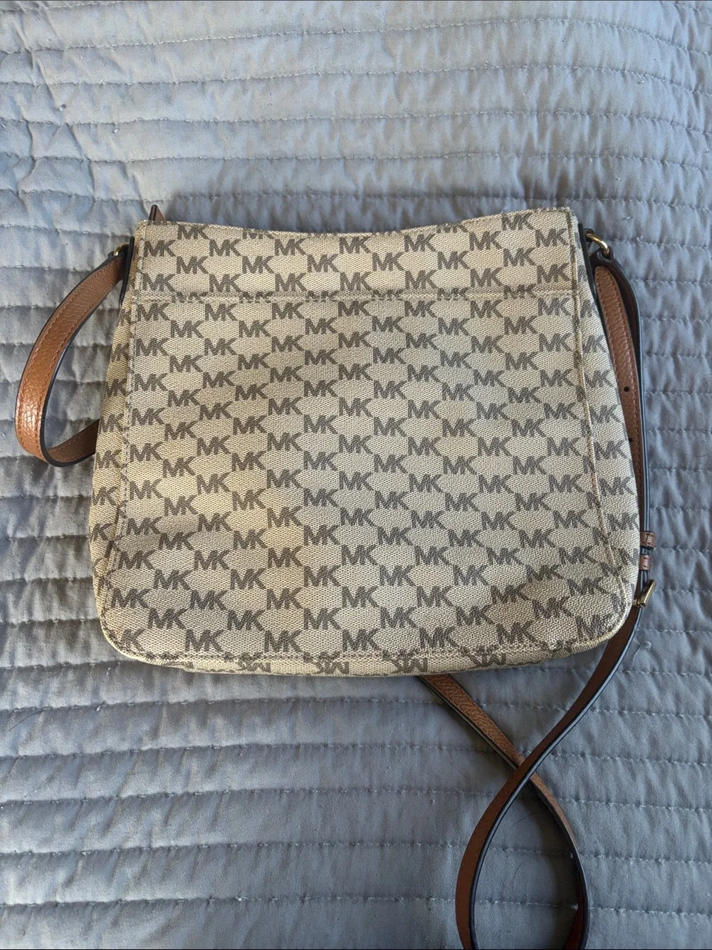 Michael Kors Beige MK Monogram Crossbody with Brown Strap